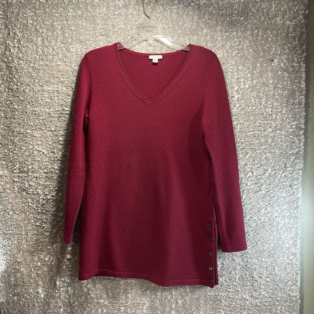 J Jill Tunic Sweater Women XS Red Wool Cashmere V-Neck Button Detail Long Sleeve